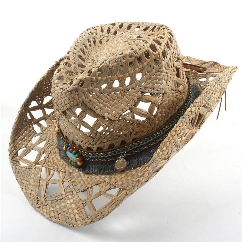 100% Natural Straw Cowboy Hat Women Men Handmade Weave Cowboy Hats For Lady