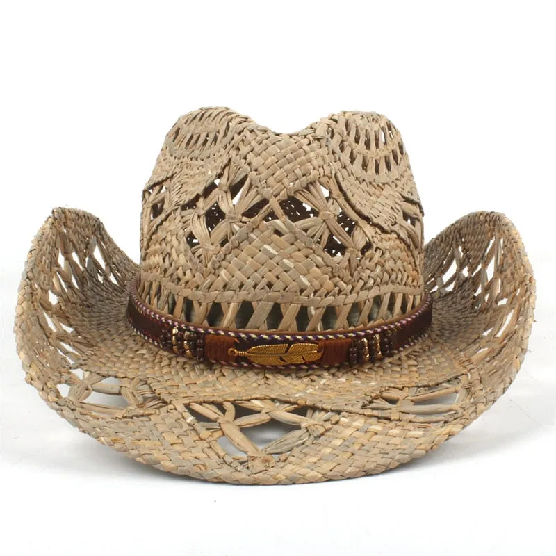 100% Natural Straw Cowboy Hat Women Men Handmade Weave Cowboy Hats