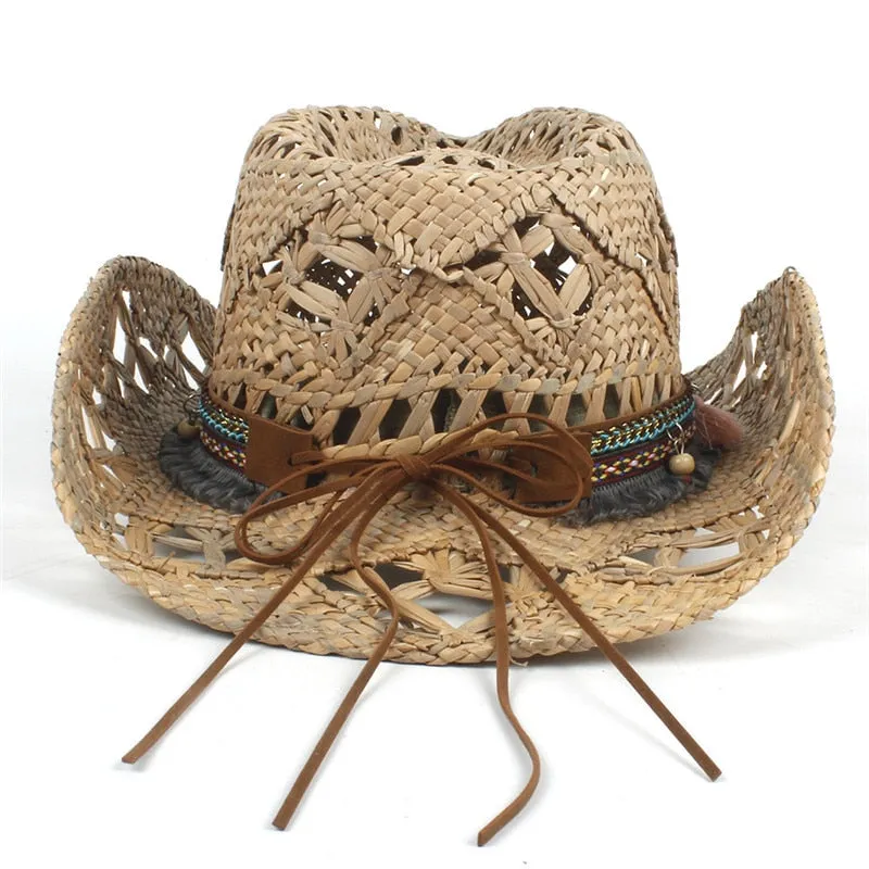 100% Natural Straw Cowboy Hat Women Men Handmade Weave Cowboy Hats