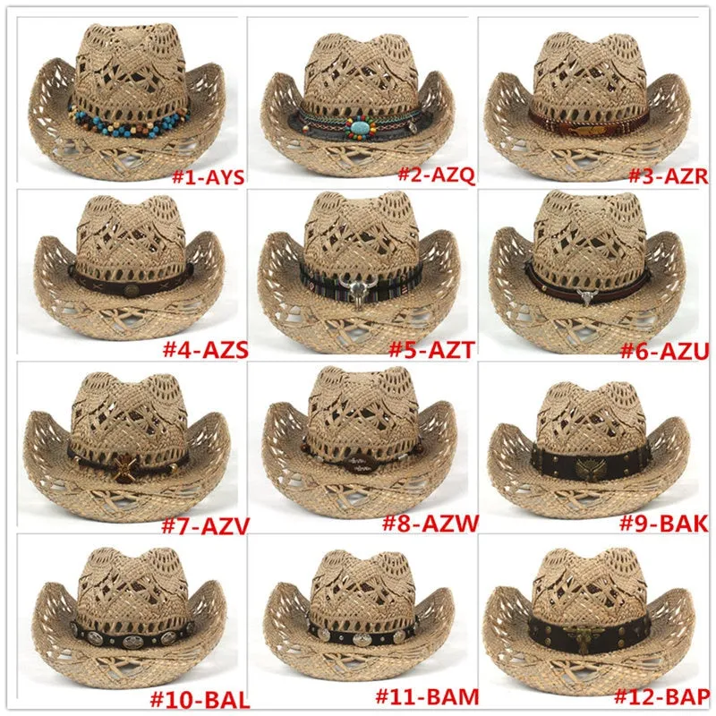 100% Natural Straw Cowboy Hat Women Men Handmade Weave Cowboy Hats