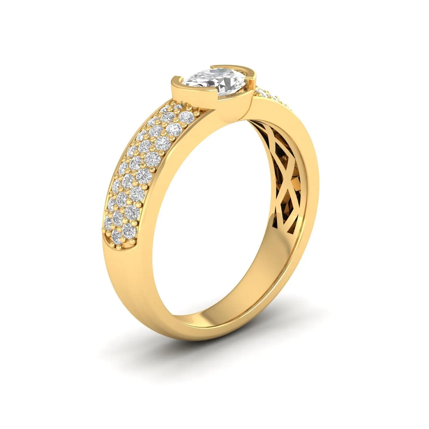 14K & 18K Gold East West Oval Diamond with Micro-Pave Diamond Ring, Lab Grown