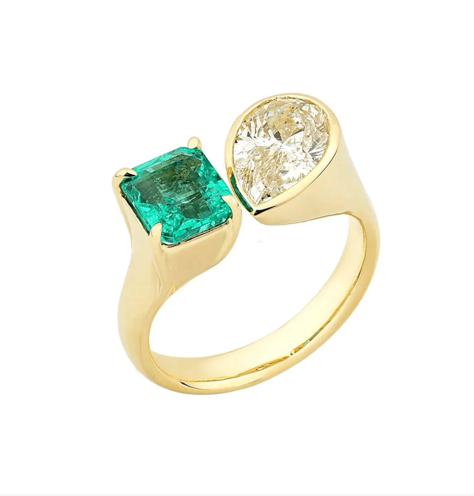 14K & 18K Gold Emerald and Pear Cut Diamond Ring, Lab Grown DIamond