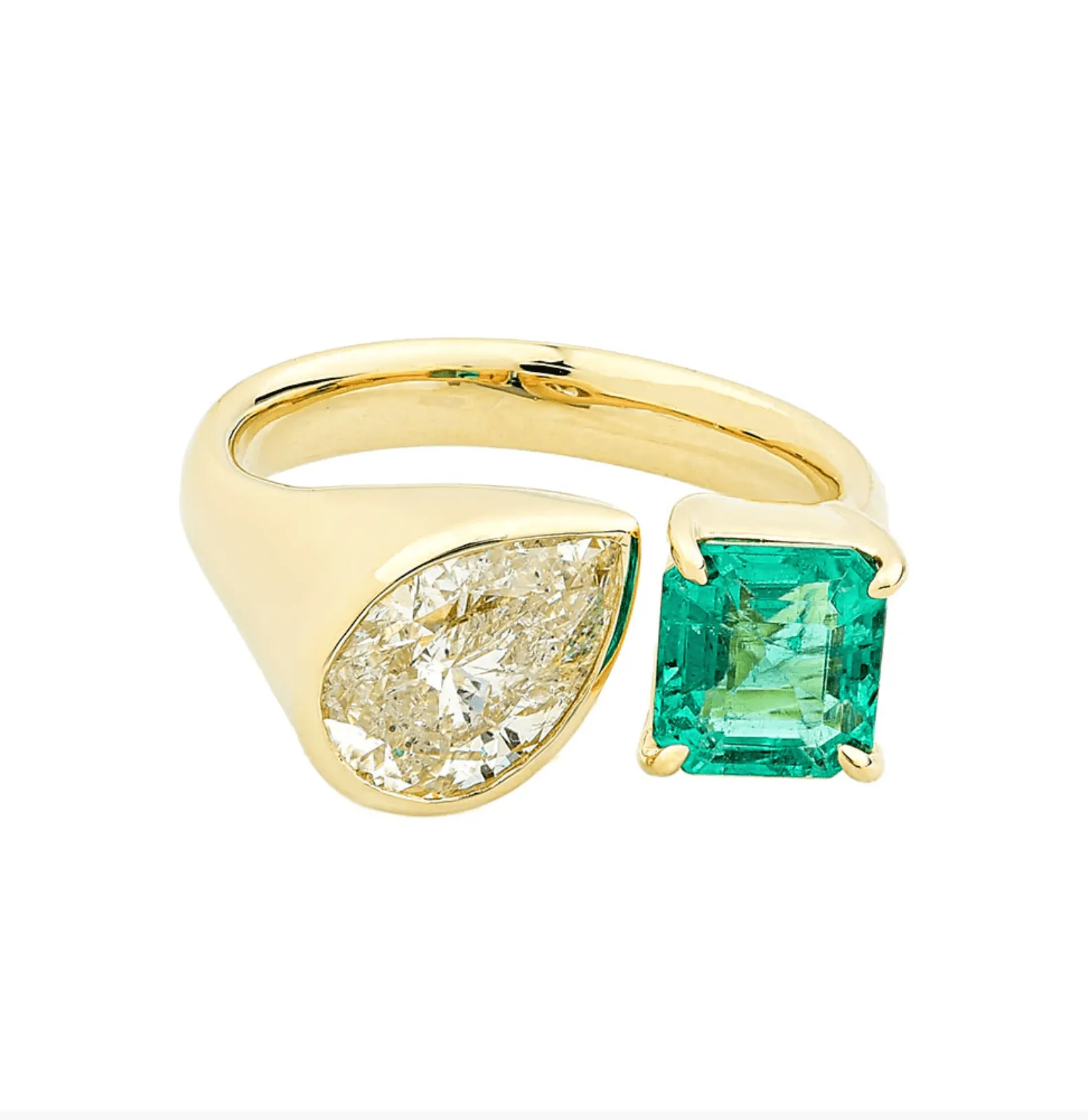 14K & 18K Gold Emerald and Pear Cut Diamond Ring, Lab Grown DIamond