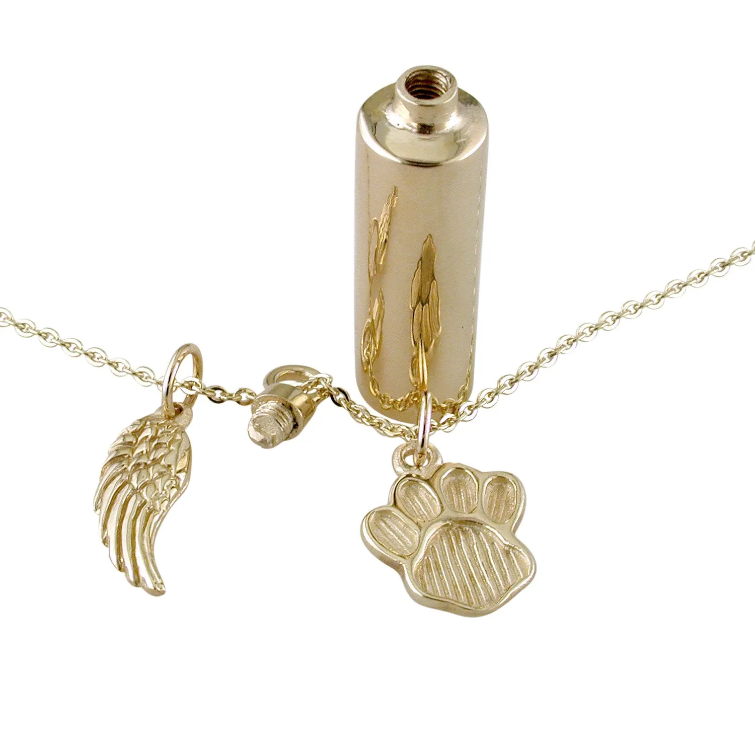 14K Yellow Gold Creamation Urn Keepsake Bottle with Dog Paw & Angel Wing