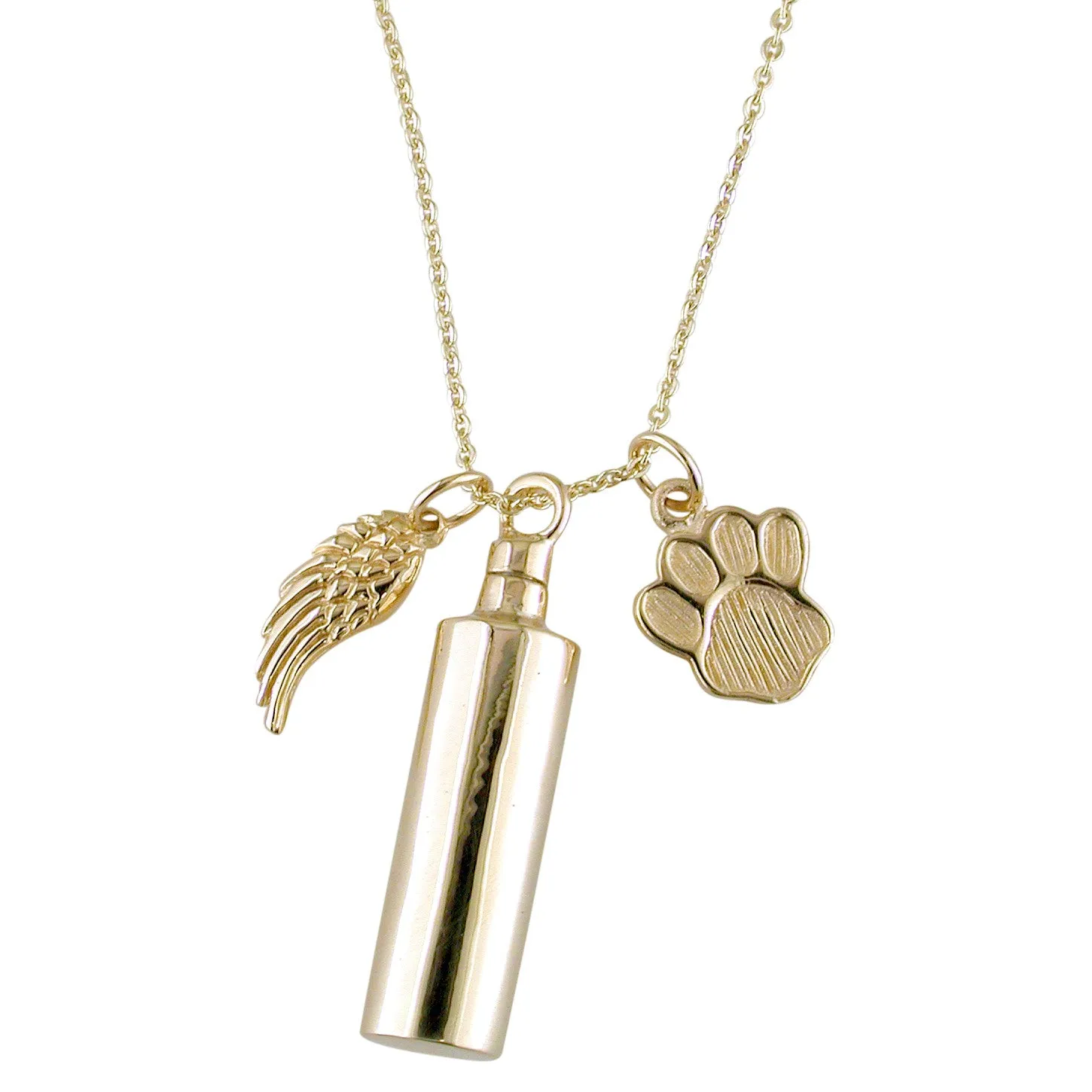 14K Yellow Gold Creamation Urn Keepsake Bottle with Dog Paw & Angel Wing