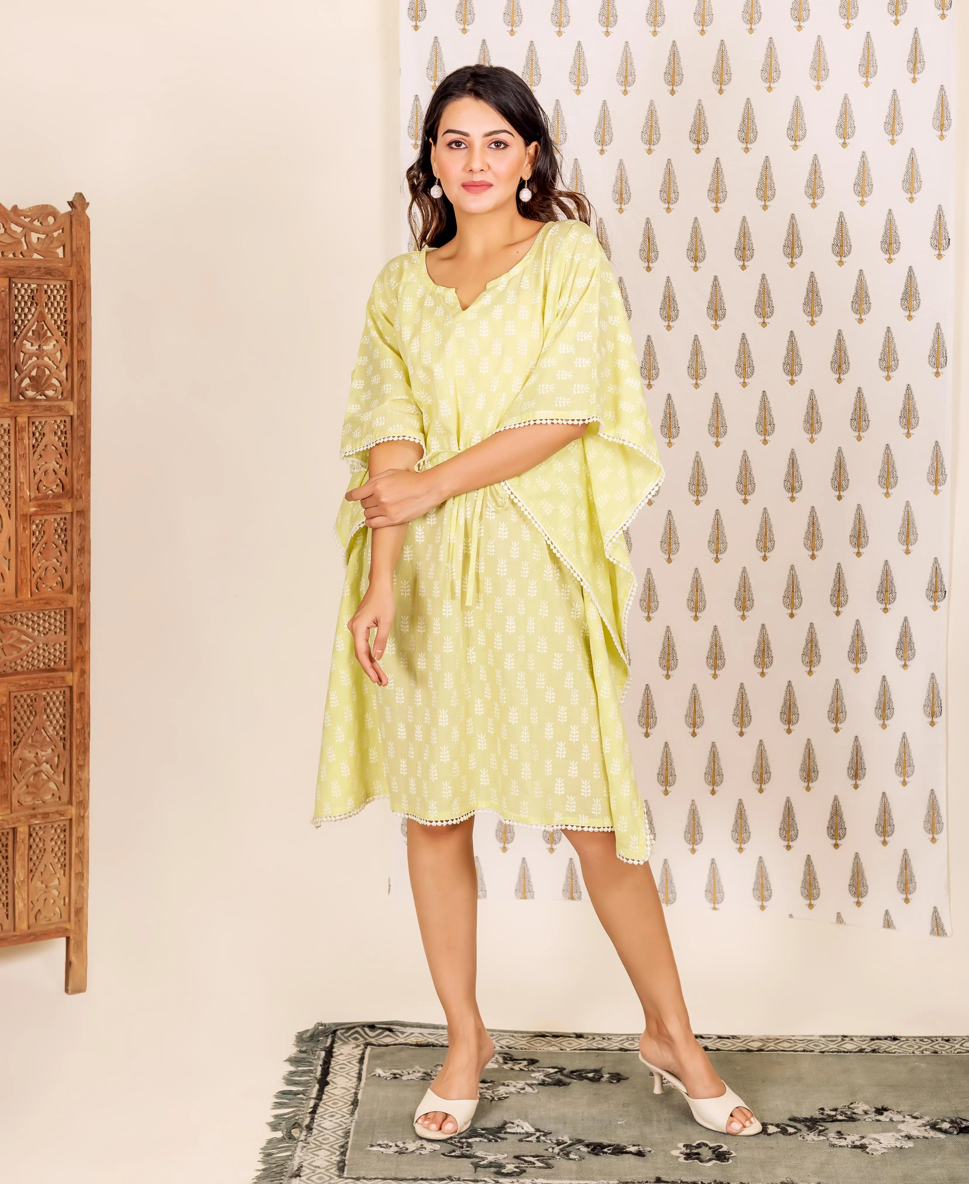 2 Piece Lime and White Block Printed Kaftan Set