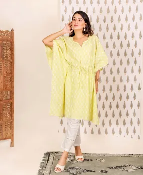 2 Piece Lime and White Block Printed Kaftan Set