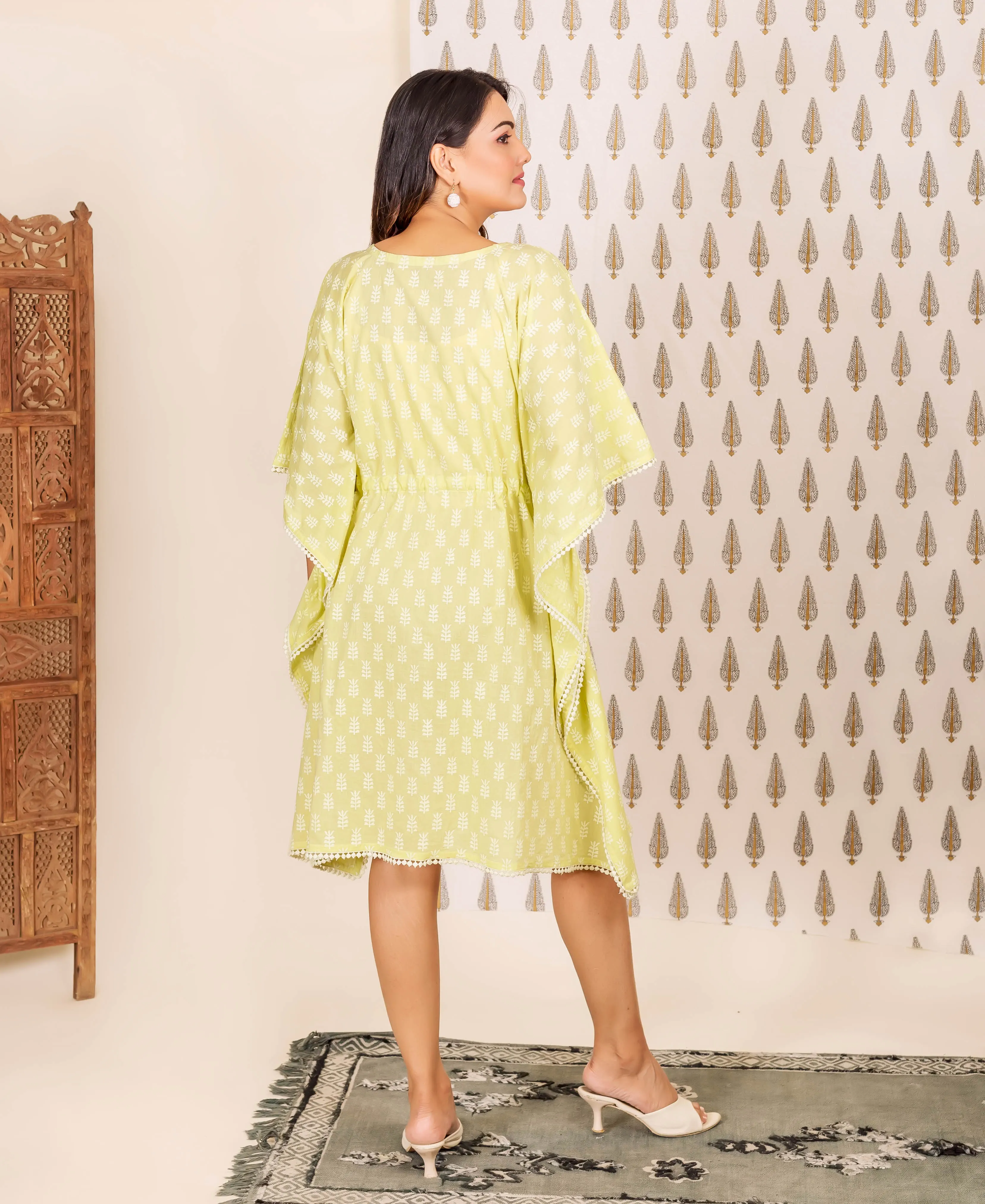 2 Piece Lime and White Block Printed Kaftan Set