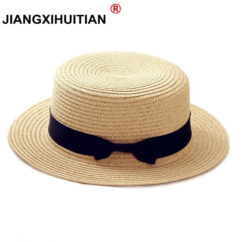 2023 simple Summer Parent-child Beach Hat Female Casual Panama Hat Lady Brand Women Flat brim Bowknot Straw cap girls Sun Hat