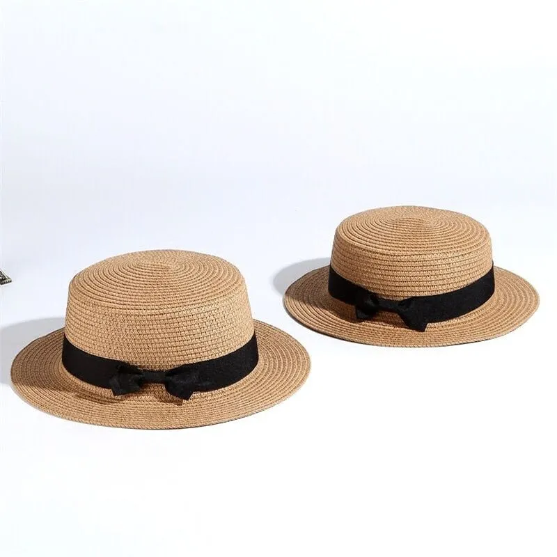 2023 simple Summer Parent-child Beach Hat Female Casual Panama Hat Lady Brand Women Flat brim Bowknot Straw cap girls Sun Hat