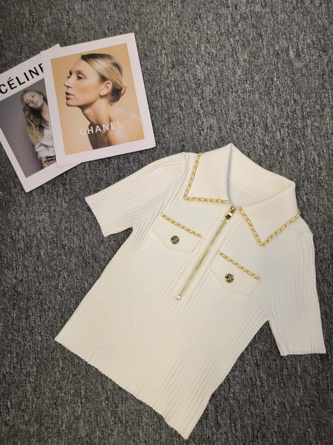 2023 Summer Luxury Chain Design Polo Collar Slim Short Women Y2K Mini Vinatge Tops Stryechy 3 Colors for Choose