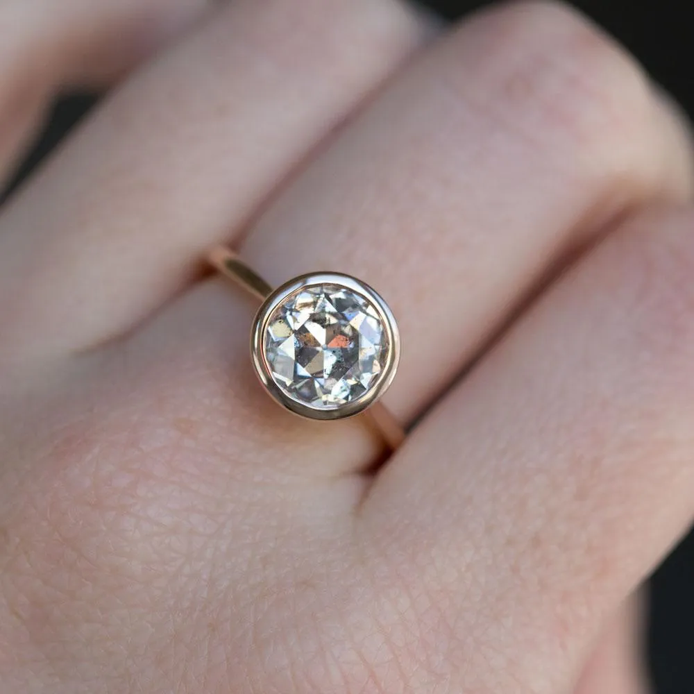 2.13ct Round Bezel Set Grey Salt and Pepper Old European Cut Diamond Ring in 14k Rose Gold