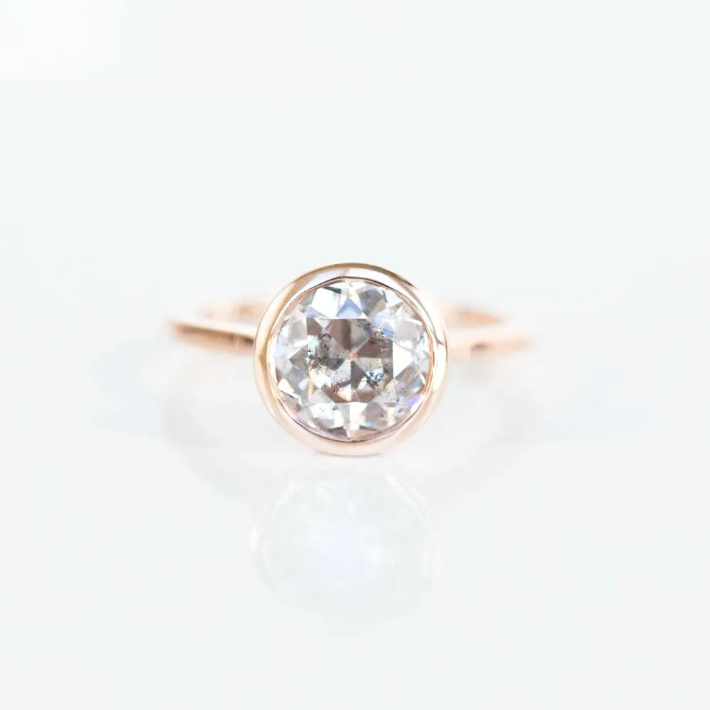 2.13ct Round Bezel Set Grey Salt and Pepper Old European Cut Diamond Ring in 14k Rose Gold