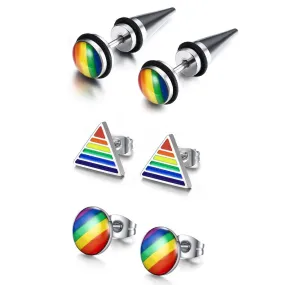 3 Pairs Rainbow-Colored Design Stainless Steel Fashion Stud Earrings