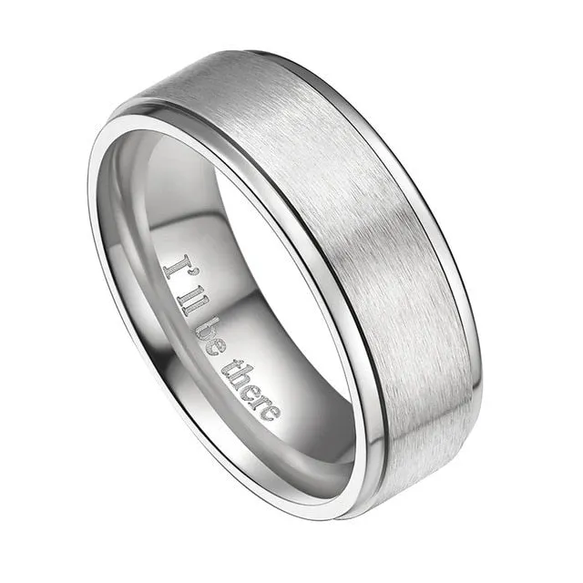 8mm Brushed Surface with Polished Grooved Edges Titanium "I'll Be There" Wedding Band