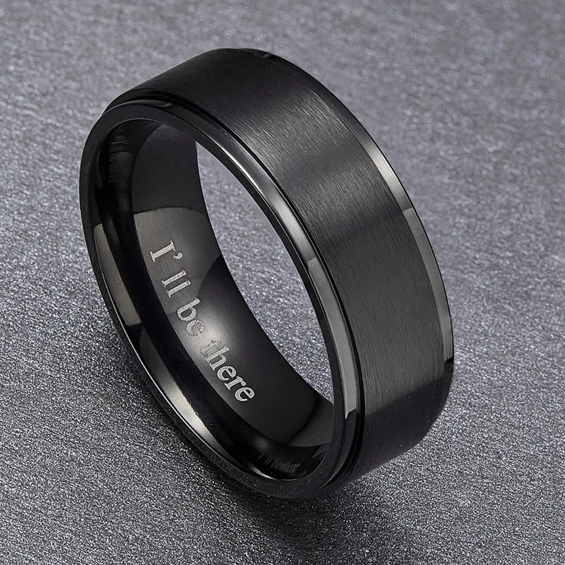 8mm Brushed Surface with Polished Grooved Edges Titanium "I'll Be There" Wedding Band