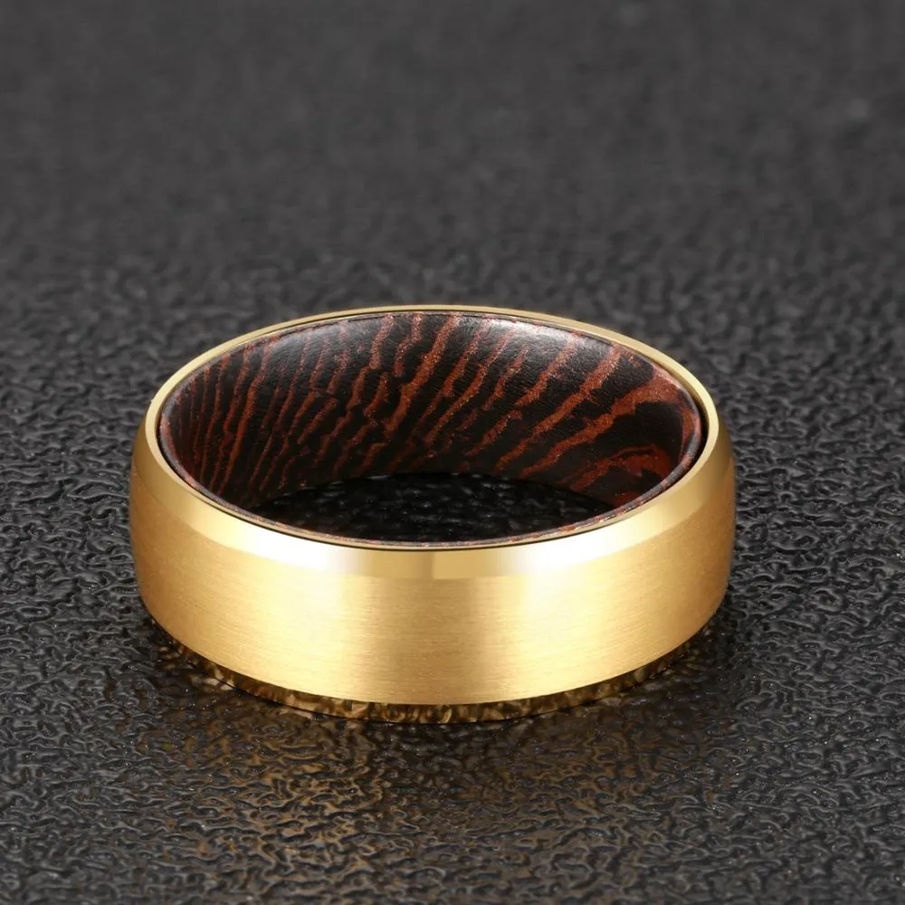 8mm Men Beveled Edges Tungsten Carbide with Wood Interior Comfort Fit Wedding Ring