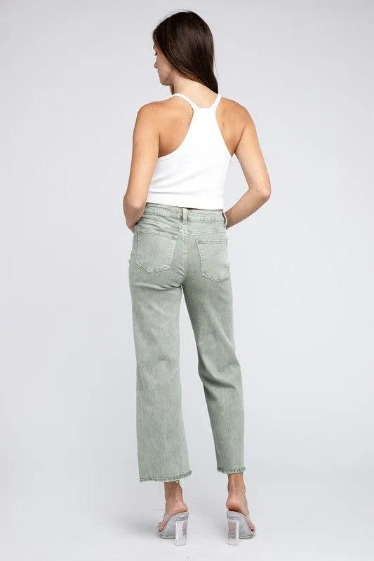 Acid Wash Frayed Cutoff Hem Straight Wide Pants