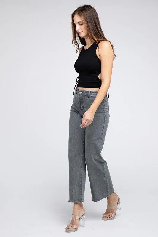 Acid Wash Frayed Cutoff Hem Straight Wide Pants