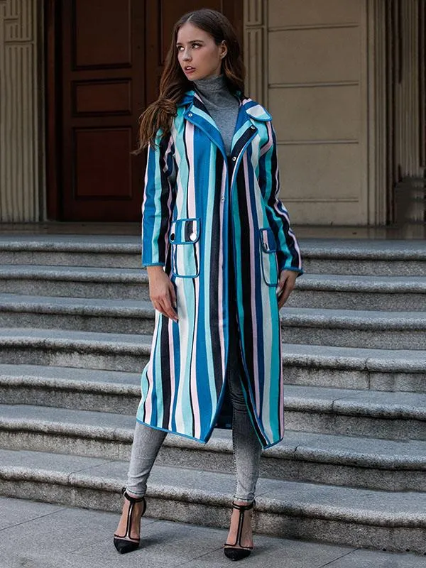 Advanced Phlegmatic Color-Stripe Midi Overcoat