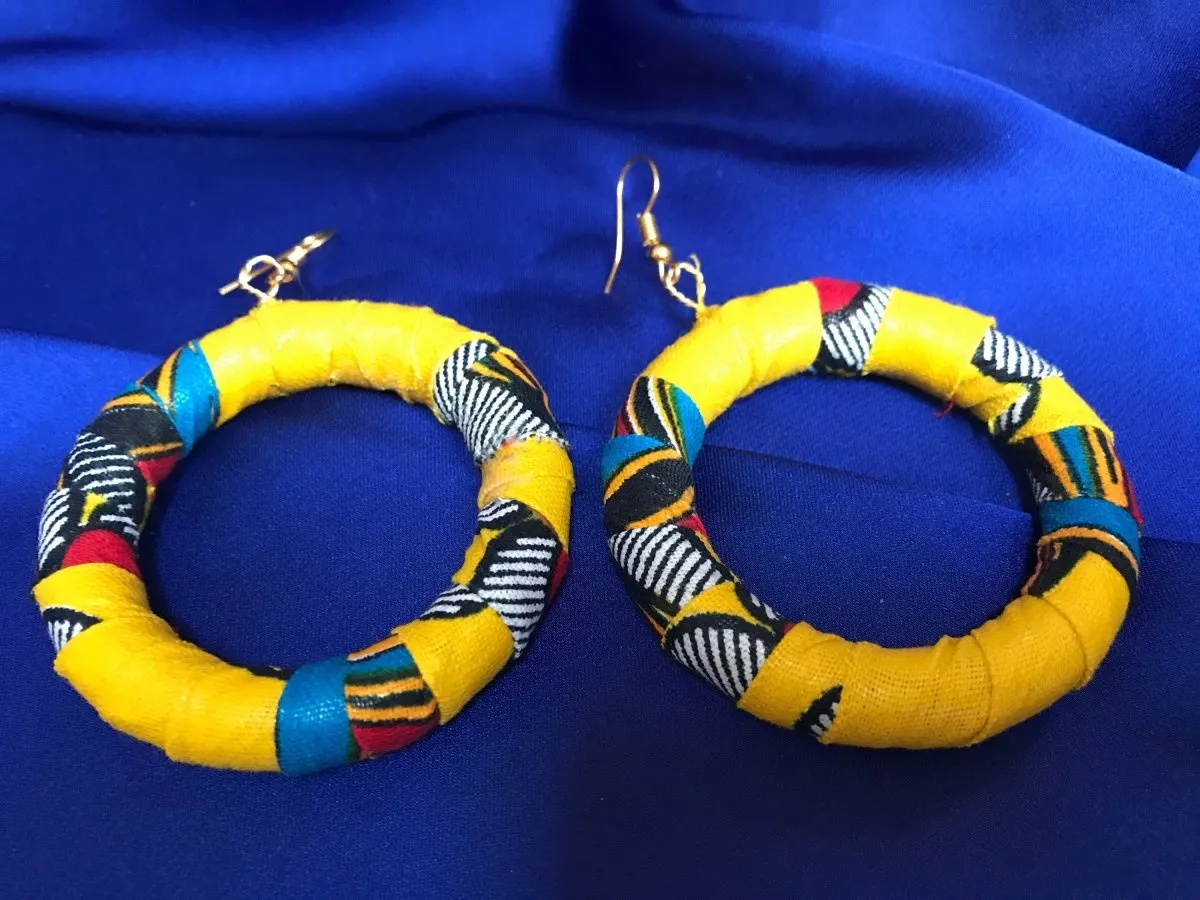 African Hoops in Yellow Ankara Print - Up cycled Zero Waste Earrings