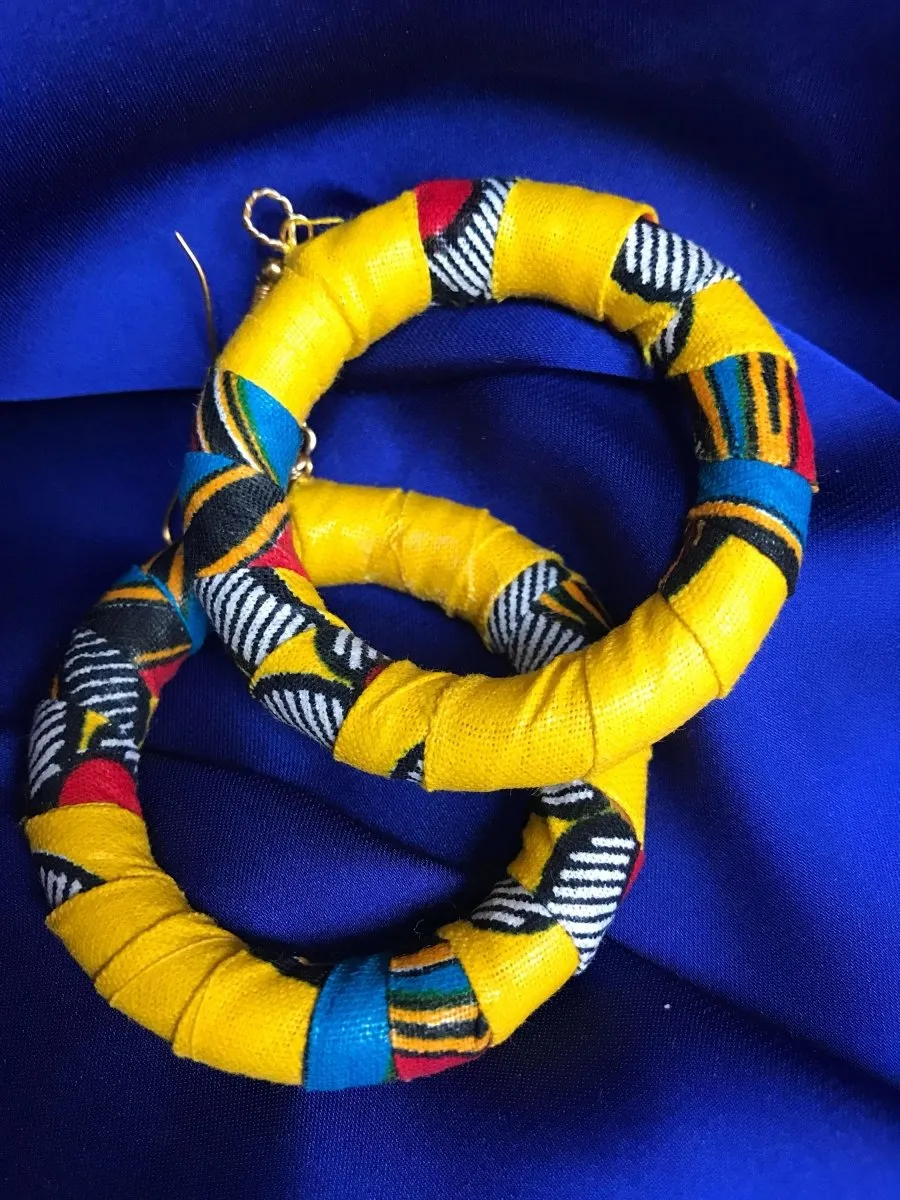 African Hoops in Yellow Ankara Print - Up cycled Zero Waste Earrings