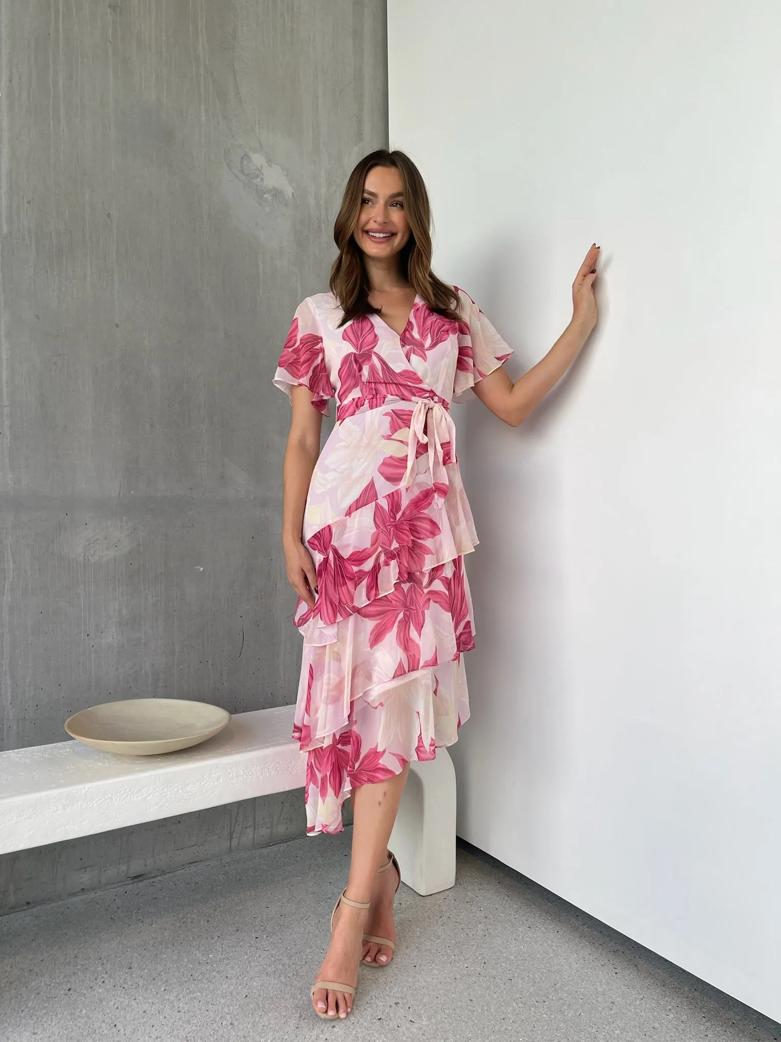 Aida Floral Pink Chiffon X/Over Frill Sleeve Evening Dress