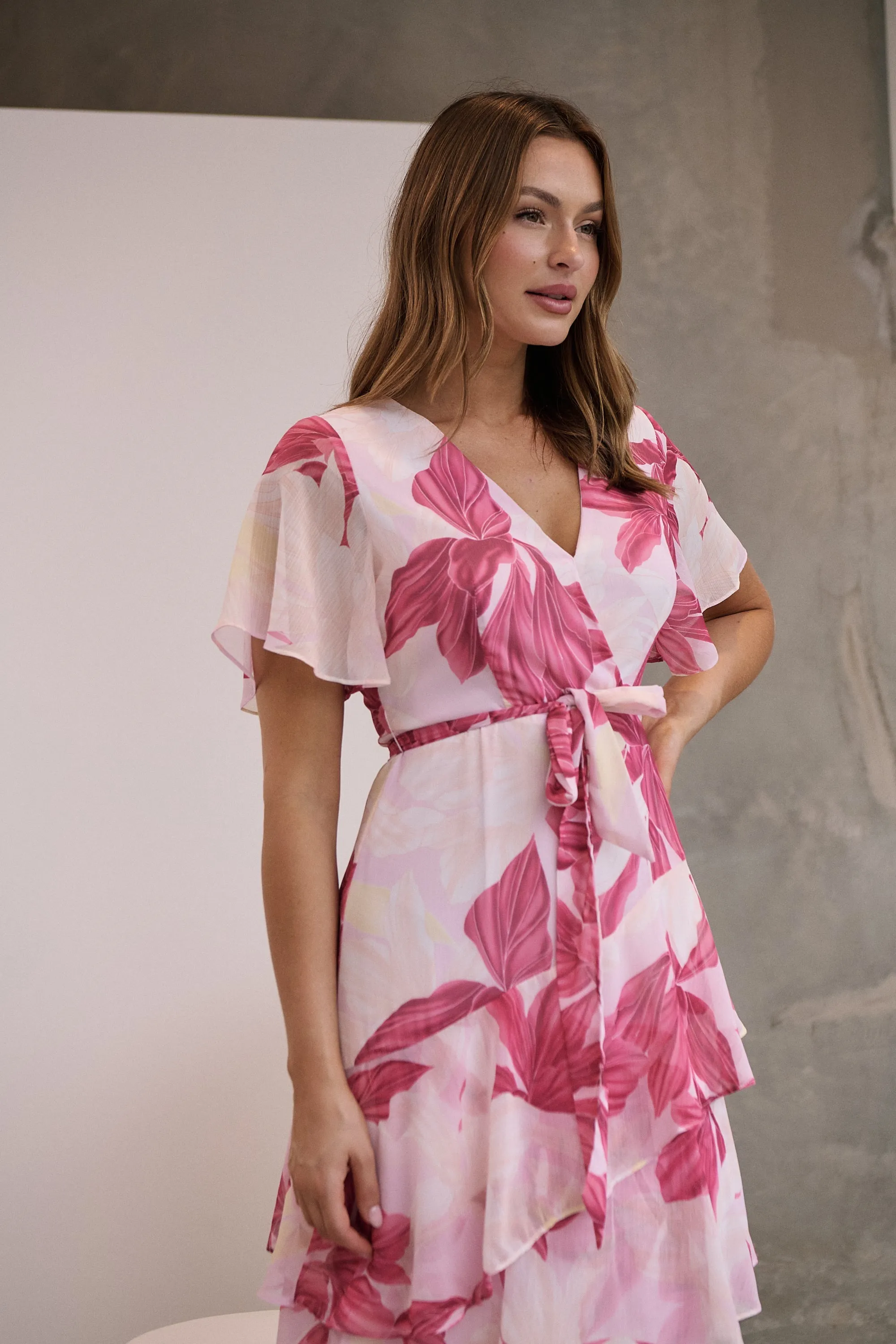 Aida Floral Pink Chiffon X/Over Frill Sleeve Evening Dress