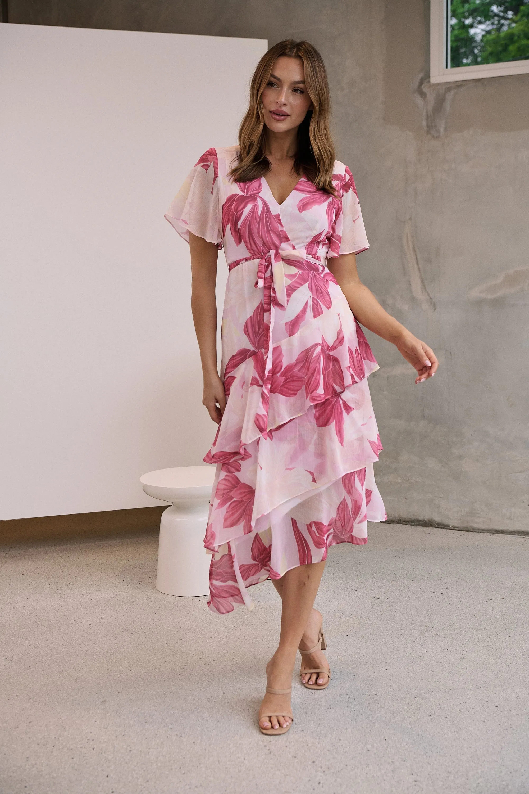 Aida Floral Pink Chiffon X/Over Frill Sleeve Evening Dress