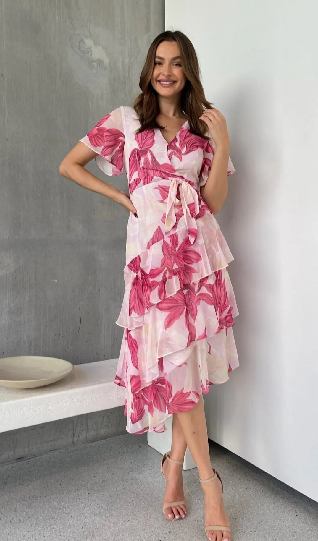 Aida Floral Pink Chiffon X/Over Frill Sleeve Evening Dress