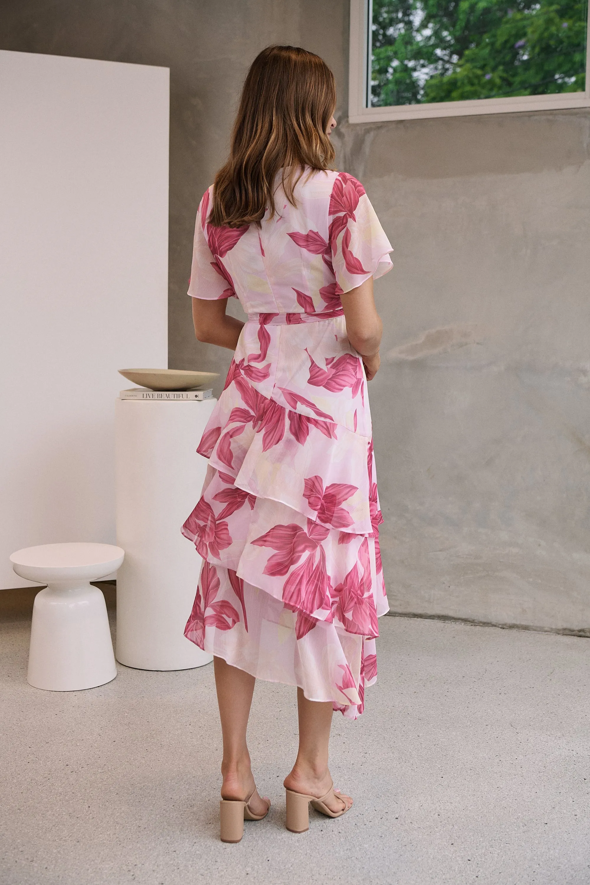 Aida Floral Pink Chiffon X/Over Frill Sleeve Evening Dress