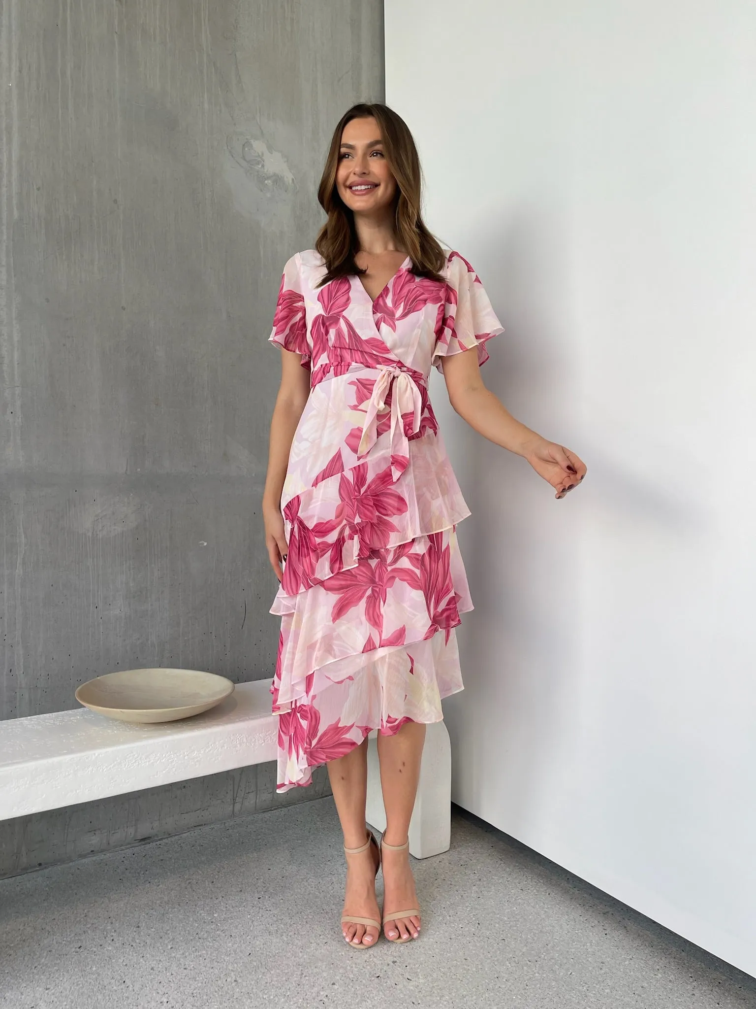 Aida Floral Pink Chiffon X/Over Frill Sleeve Evening Dress