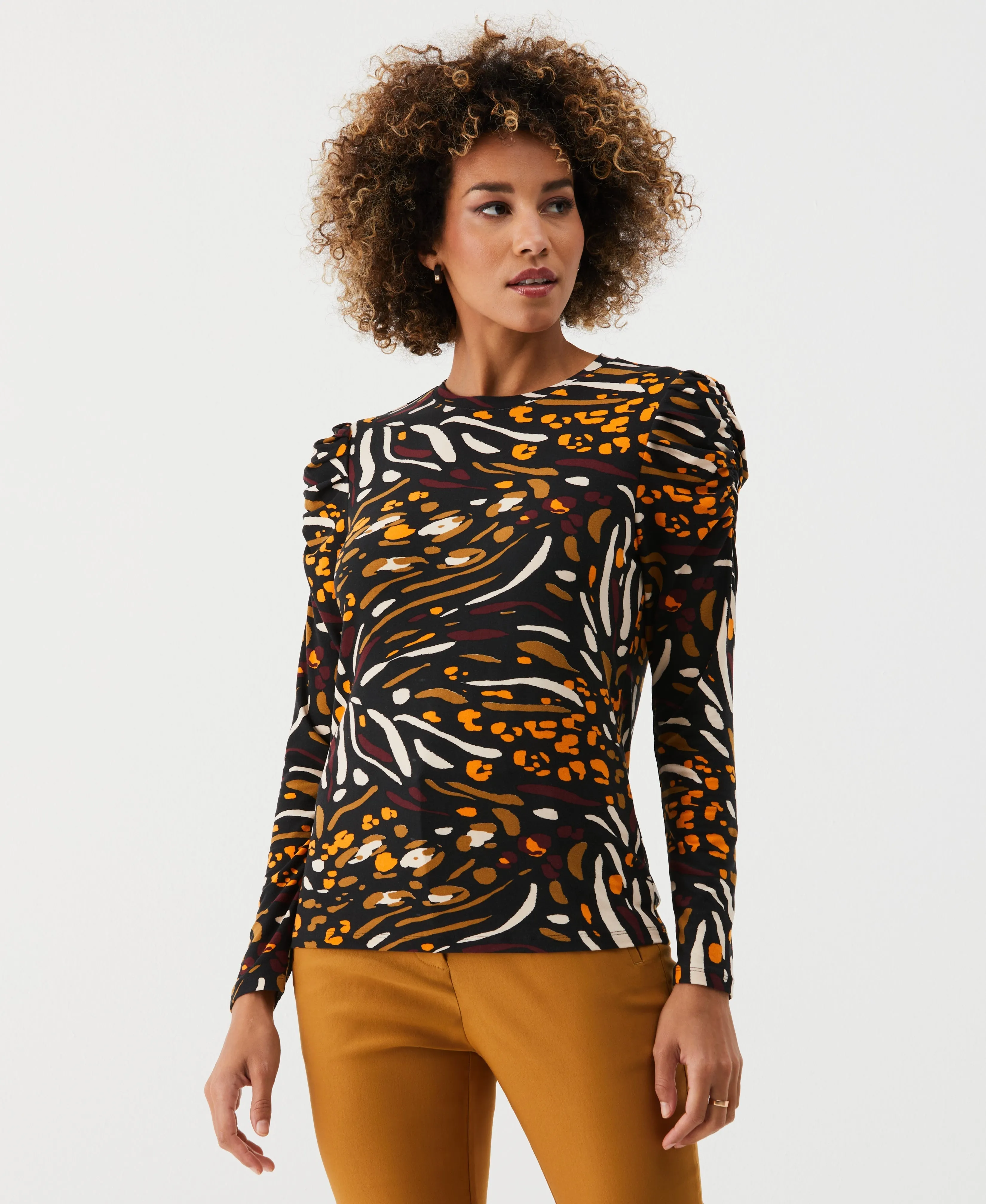 Animal Print Crew Neck Puff Sleeve Top