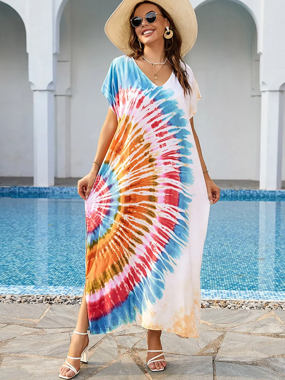 Ashore Shop 2023 Boho Tie Dye Oversize Kaftan Beach Cover Up for Women Holiday Casual Loose Long Dress Robe Beachwear Swim Suit Sarong