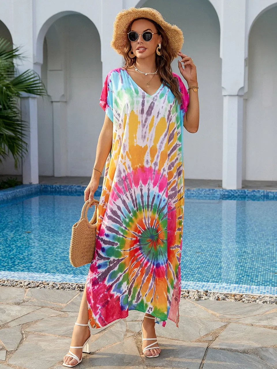 Ashore Shop 2023 Boho Tie Dye Oversize Kaftan Beach Cover Up for Women Holiday Casual Loose Long Dress Robe Beachwear Swim Suit Sarong