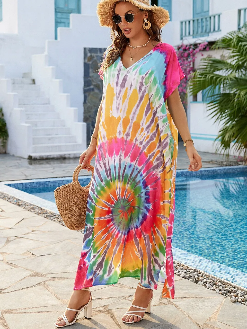 Ashore Shop 2023 Boho Tie Dye Oversize Kaftan Beach Cover Up for Women Holiday Casual Loose Long Dress Robe Beachwear Swim Suit Sarong