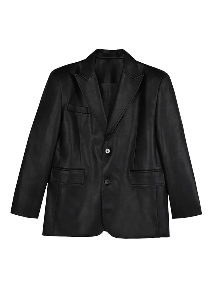 Ashore shop Autumn Black Brown Soft  Pu Leather Blazer Women with Shoulder Pads