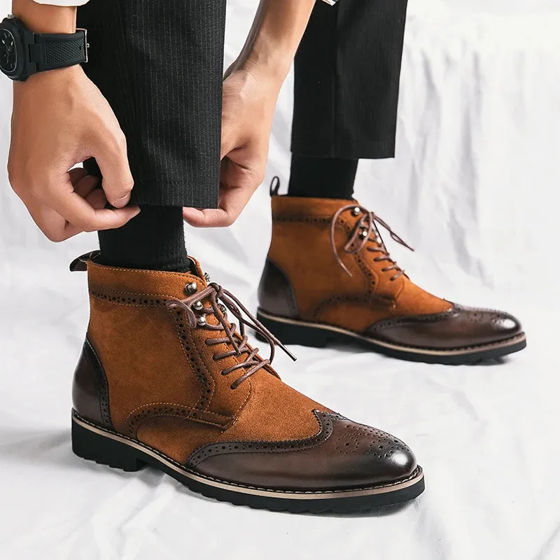 Ashore Shop New Men's Retro Boots Brown Flock Lace-up Shoes