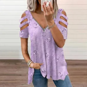 Ashore Shop Plus Size Women Summer Cold Shoulder T-Shirt Ladies Zipper V-Neck Casual Tops Tees Shirt Pullover Tops Tunic Plus Size