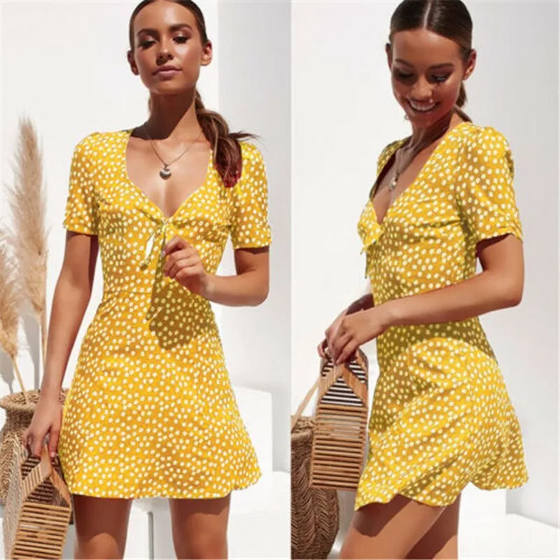 Ashore Shop Ruffles Polka Dot Dress Women Sexy V-neck Short Sleeve Boho Beach Dress Summer Fashion Mini Dress Sundress Robe