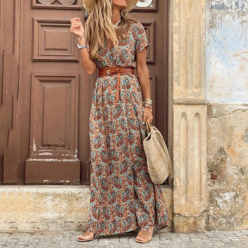 Ashore Shop Womens Boho Long Dress Fashion Paisley Print  V Neck Short Sleeve Dresses Summer Belt Large Hem Beach Dress Elegant Slit Skirt