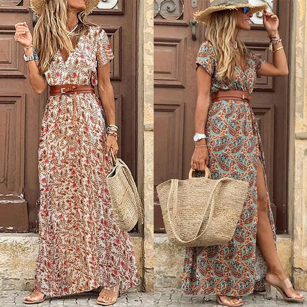 Ashore Shop Womens Boho Long Dress Fashion Paisley Print  V Neck Short Sleeve Dresses Summer Belt Large Hem Beach Dress Elegant Slit Skirt