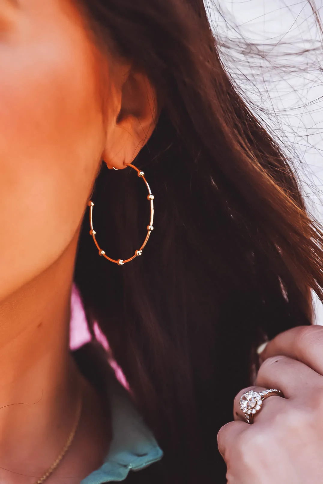 Bead Accent Open Hoop Earring-Gold