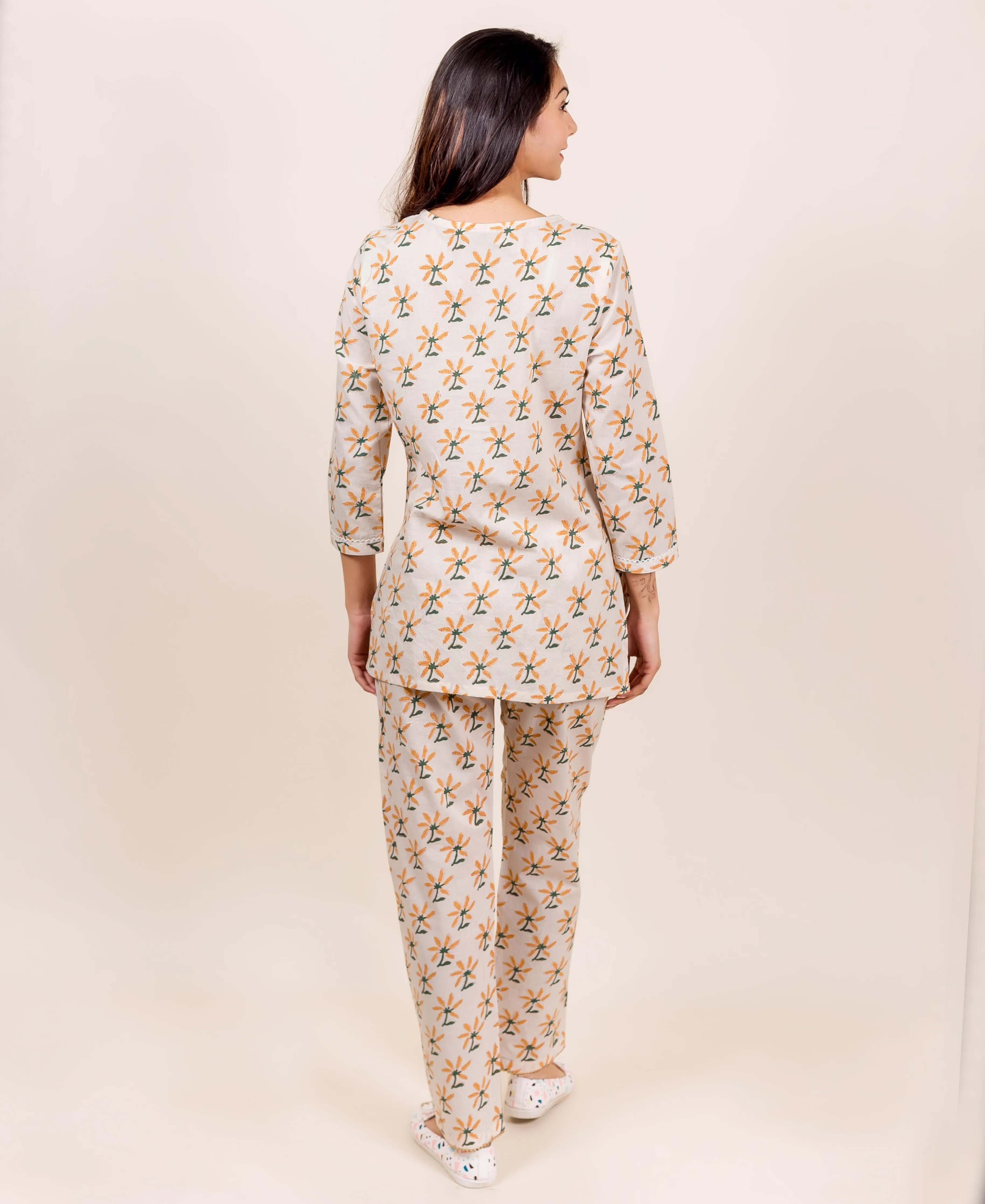 Beige Matching Block Printed Top and Pajama