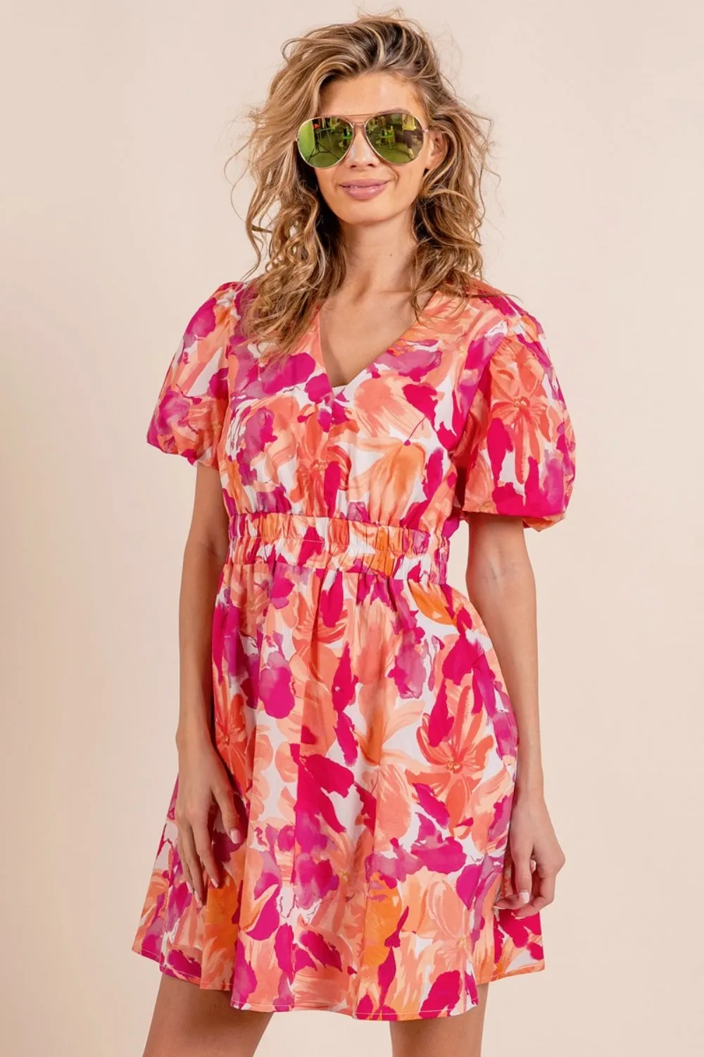 BiBi Floral V-Neck Mini Dress with Puff Sleeves - Summer Beach Wedding Guest Outfit for Women