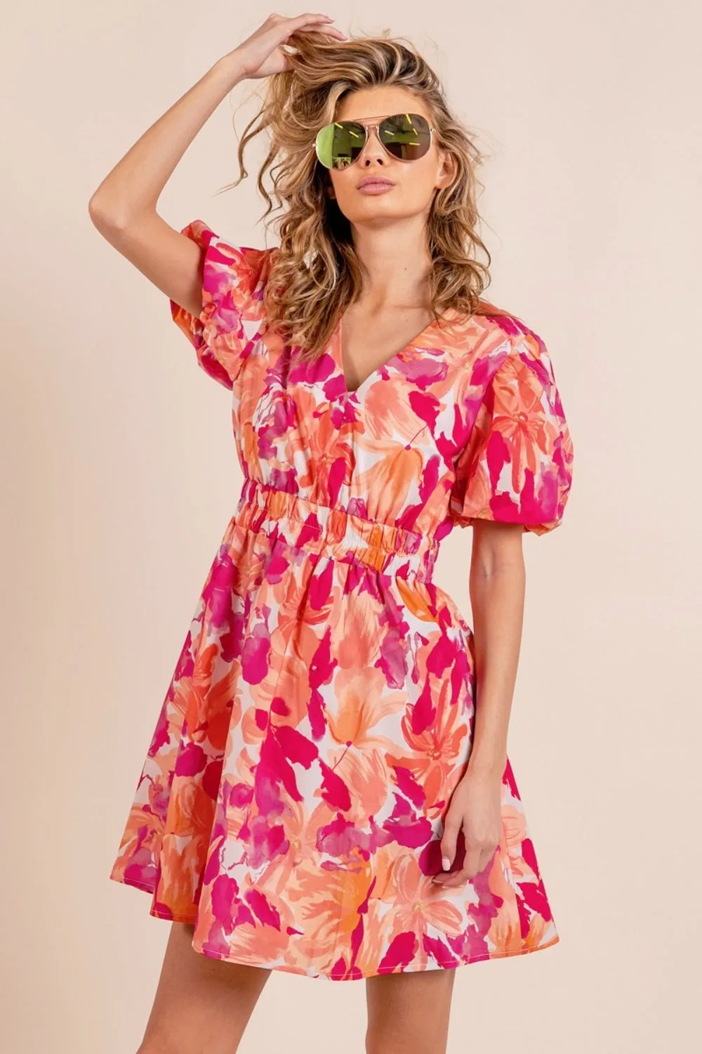 BiBi Floral V-Neck Mini Dress with Puff Sleeves - Summer Beach Wedding Guest Outfit for Women