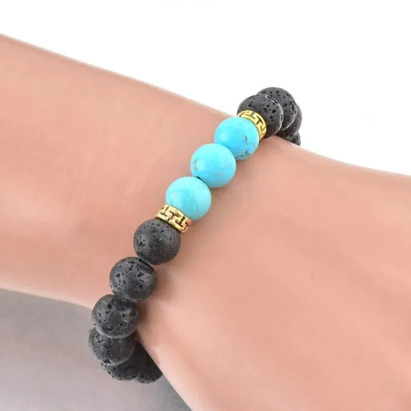 Black Lava Rock Stone Elastic Beaded Bracelet Healing Energy Stretch Bracelets with 3 Imperial Jasper