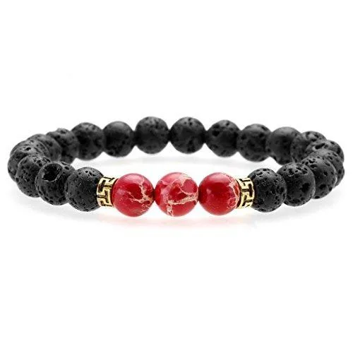 Black Lava Rock Stone Elastic Beaded Bracelet Healing Energy Stretch Bracelets with 3 Imperial Jasper