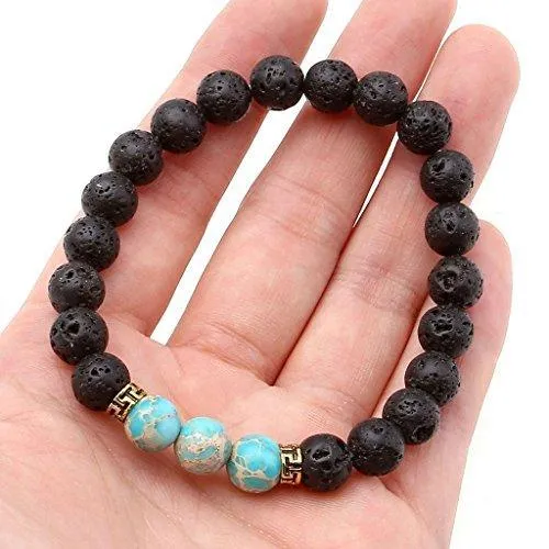 Black Lava Rock Stone Elastic Beaded Bracelet Healing Energy Stretch Bracelets with 3 Imperial Jasper