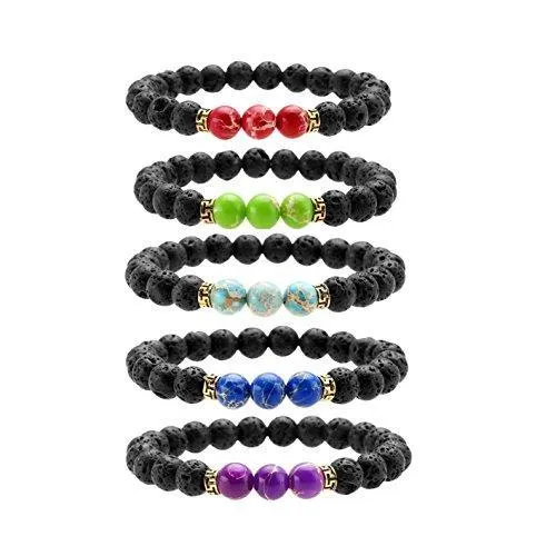 Black Lava Rock Stone Elastic Beaded Bracelet Healing Energy Stretch Bracelets with 3 Imperial Jasper